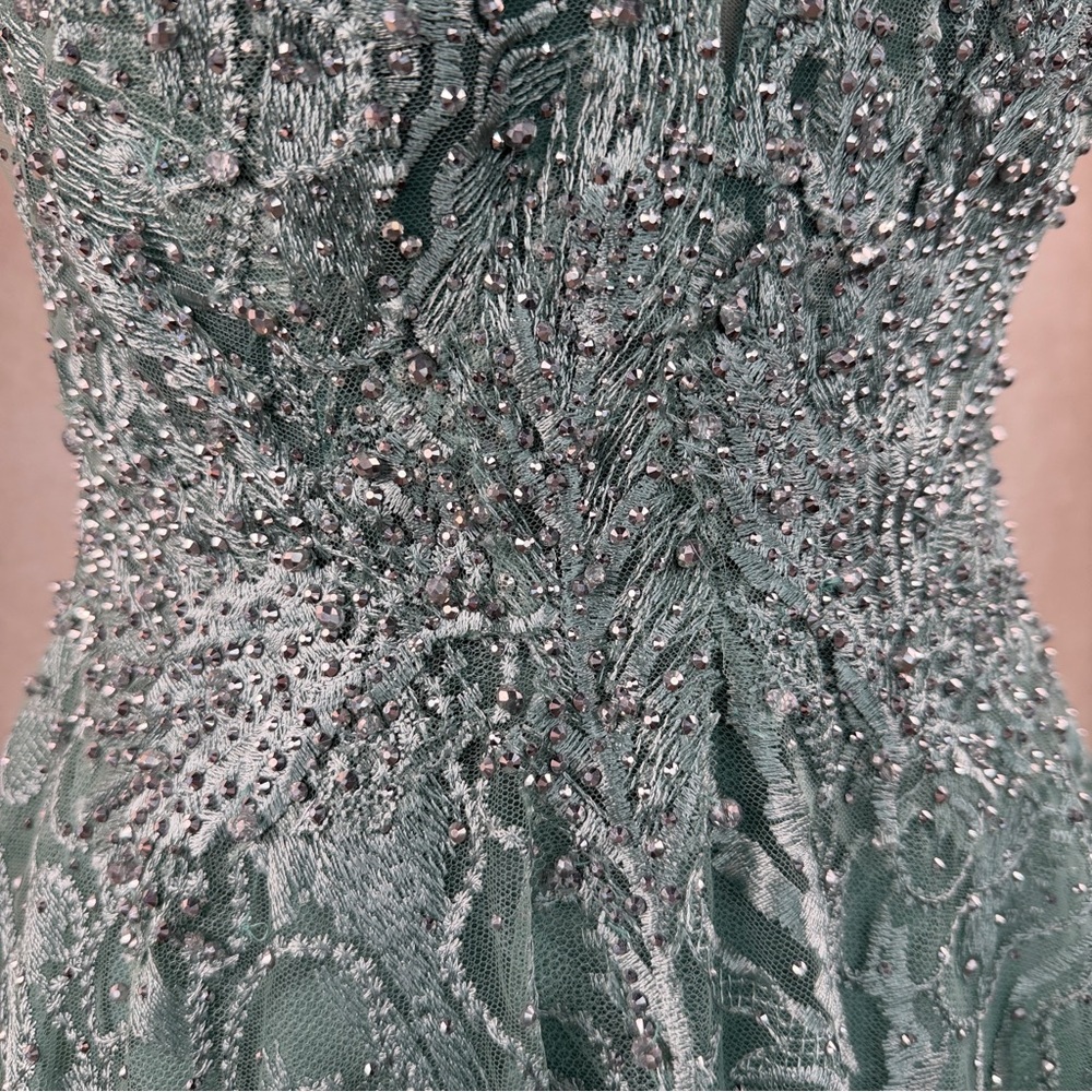 Mac Duggal Teal Beaded Lace Midi Dress Size 6 V-Neck Formal Wedding Guest - Picture 5 of 14